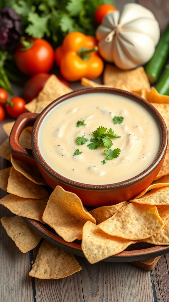 Cottage Cheese Queso Dip with Nutritional Yeast Creamy cottage cheese queso dip with cilantro and tortilla chips on a wooden table.